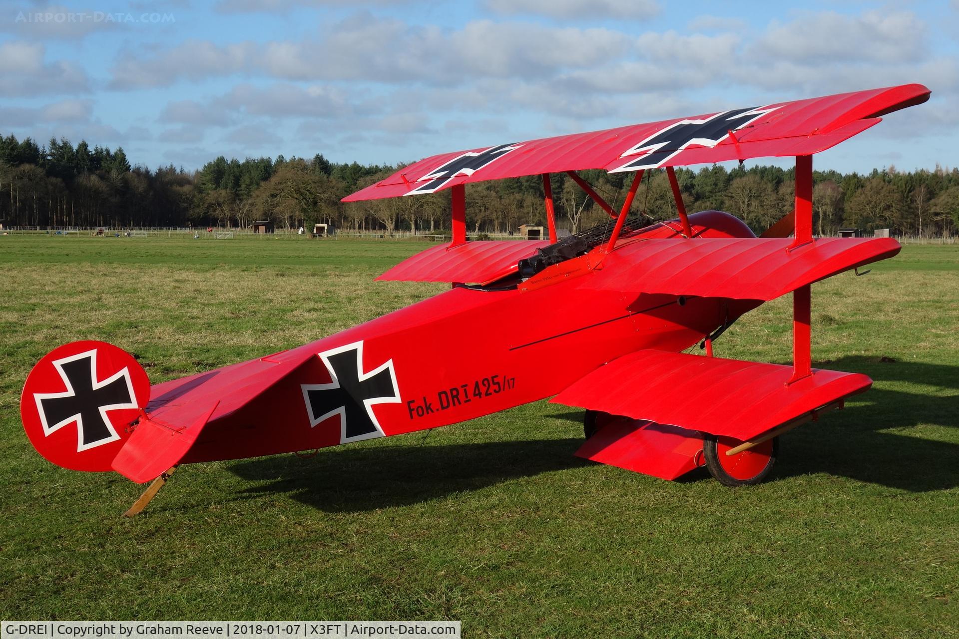 G-DREI, 2011 Fokker Dr.1 Triplane Replica C/N LAA 238-14848, On the ground at Felthorpe.