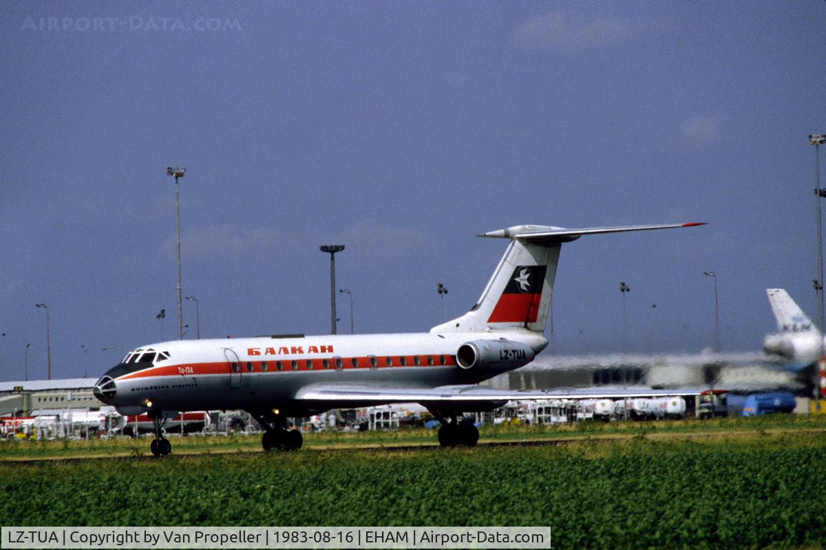 LZ-TUA, 1968 Tupolev Tu-134 C/N 8350405, Balkan Bulgarian Airlines Tupolev Tu-134 taking off from Schiphol airport, the netherlands, 1983