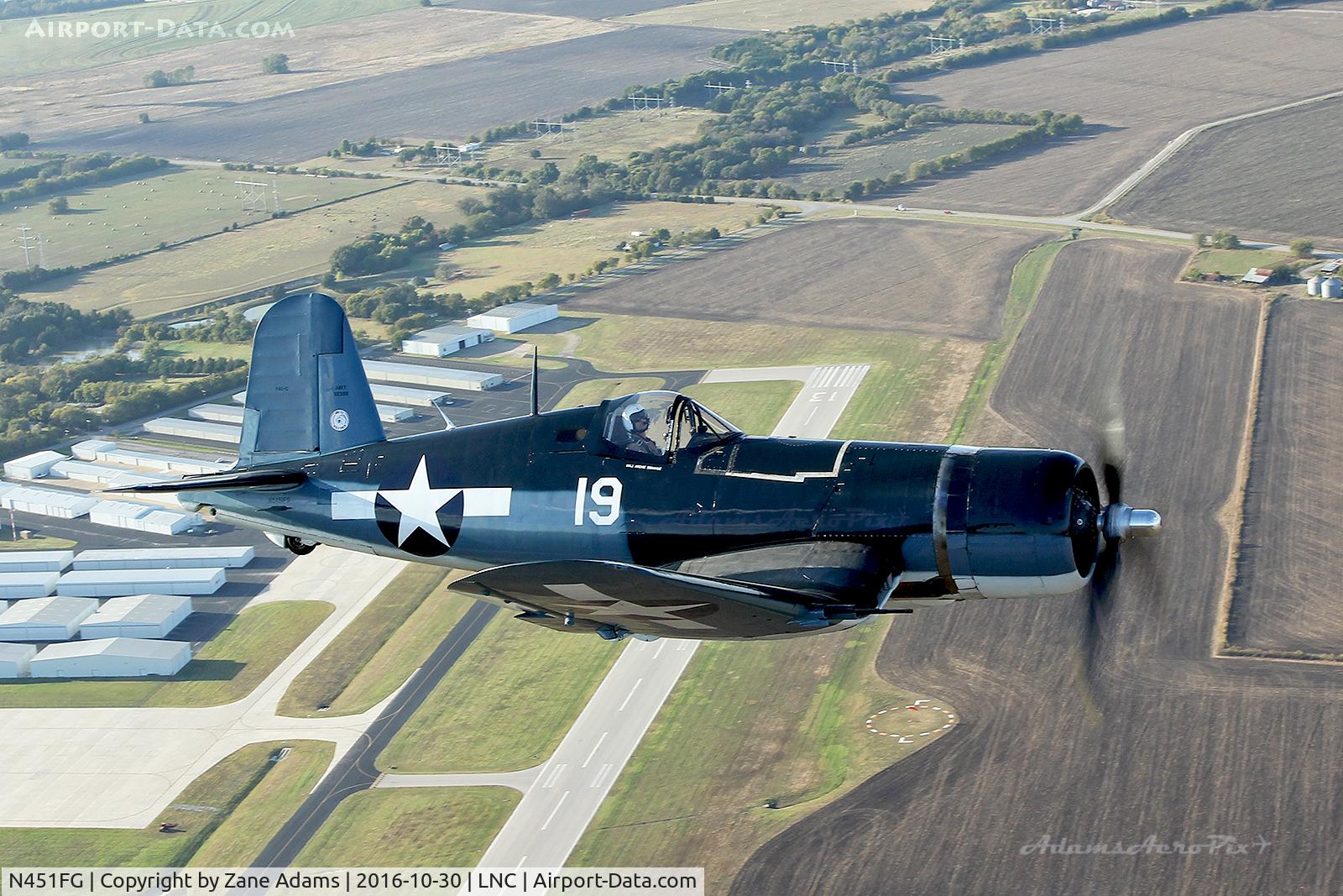 N451FG, 1945 Goodyear FG-1D Corsair C/N 3660, Photo shoot over Lancaster Airport, TX 
Chuck Gardner - Corsair Pilot
Mark Todd - Photo ship pilot