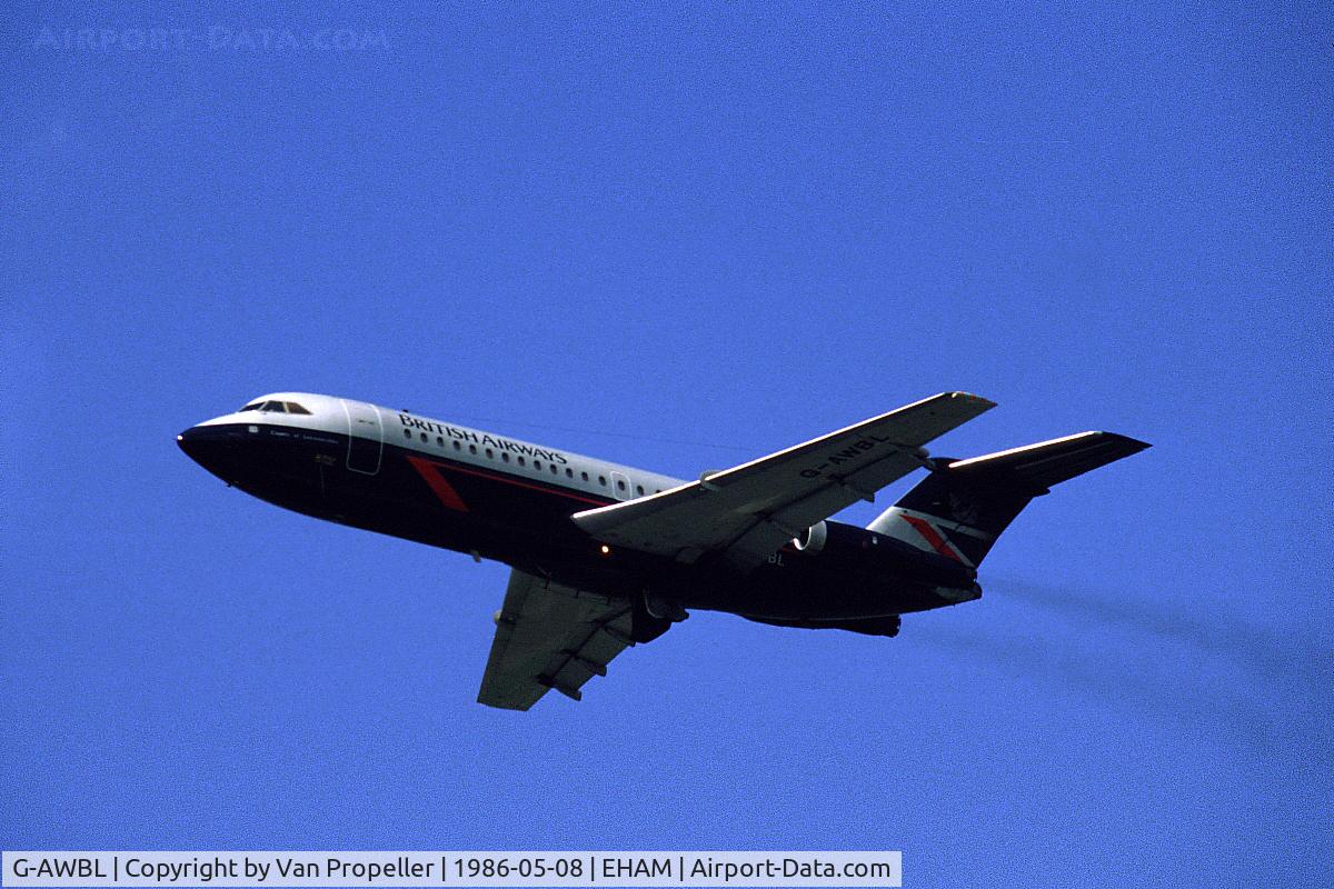 G-AWBL, 1968 BAC 111-416EK One-Eleven C/N BAC.132, British Airways BAC One-Eleven 416EK climbing away from Schiphol airport, the Netherlands, 1986