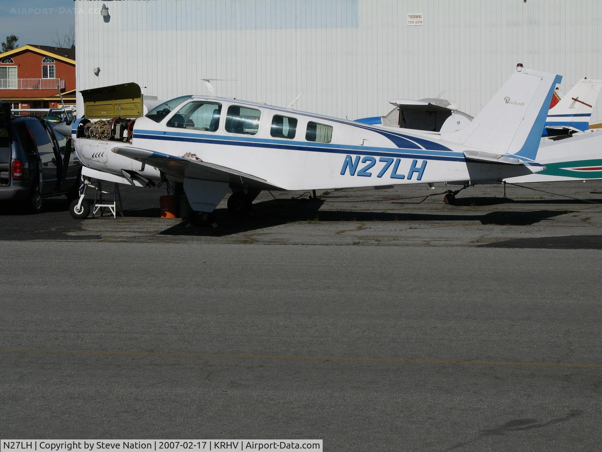 N27LH, 1972 Beech A36 Bonanza 36 C/N E-375, Classic 1972 Beech A36 Bonanza with engine cowling door open @ Reid-Hillview Airport (San Jose), CA home base