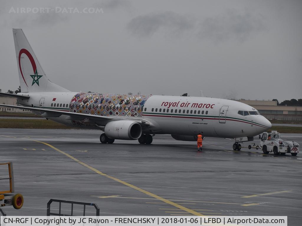 CN-RGF, 2011 Boeing 737-86N C/N 36826, rainy day, Royal Air Maroc (Wings of African Art Livery) departure to Casablanca
