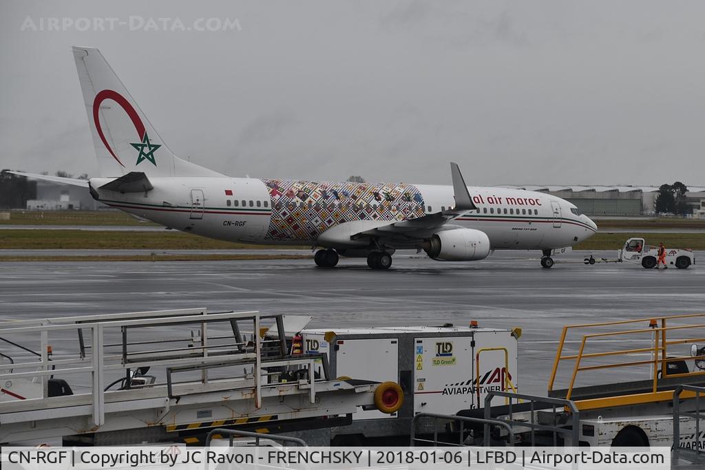CN-RGF, 2011 Boeing 737-86N C/N 36826, rainy day, Royal Air Maroc (Wings of African Art Livery) departure to Casablanca