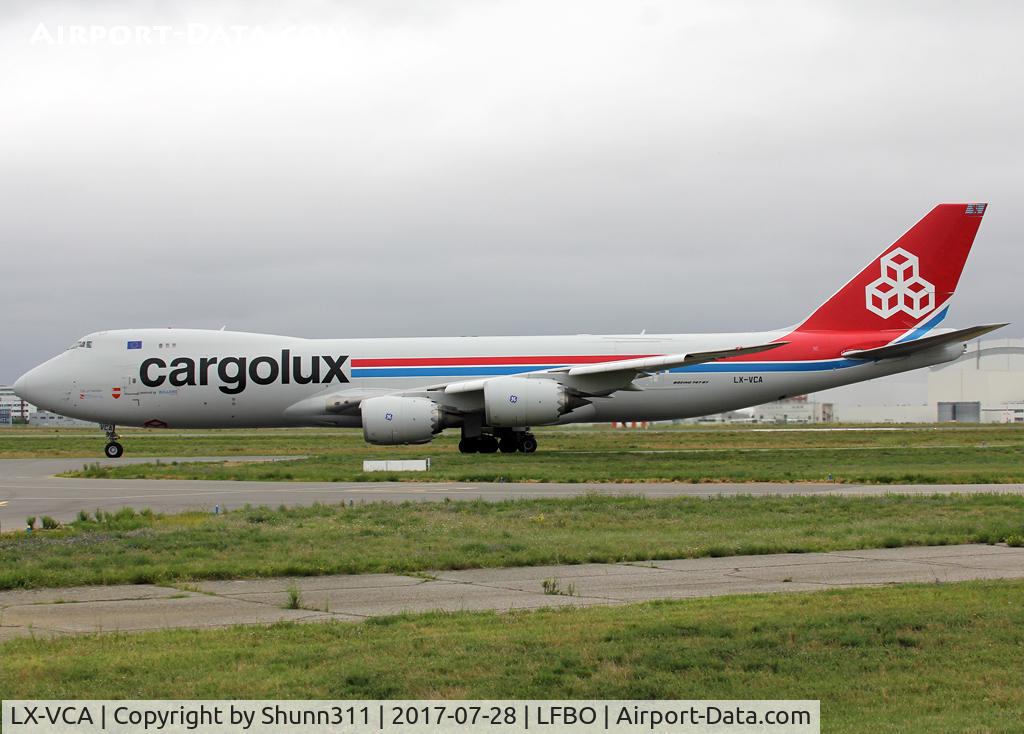LX-VCA, 2010 Boeing 747-8F C/N 35808, Taxiing holding point rwy 32R for departure...