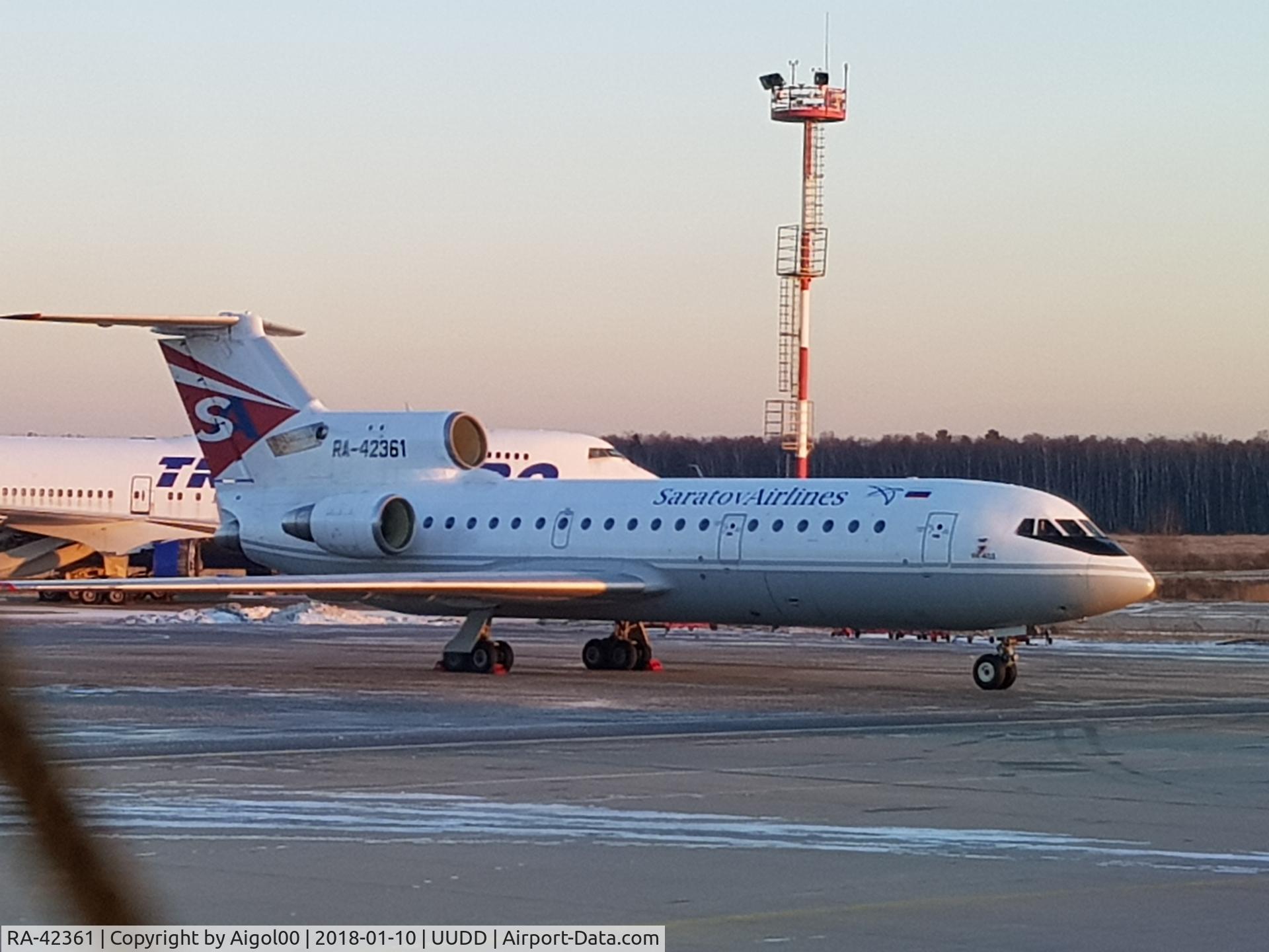 RA-42361, 1988 Yakovlev Yak-42D C/N 4520423811427, Foto taken 10 Jan 18 at UUDD Parking stand M24 in Front of threshold RWY32L