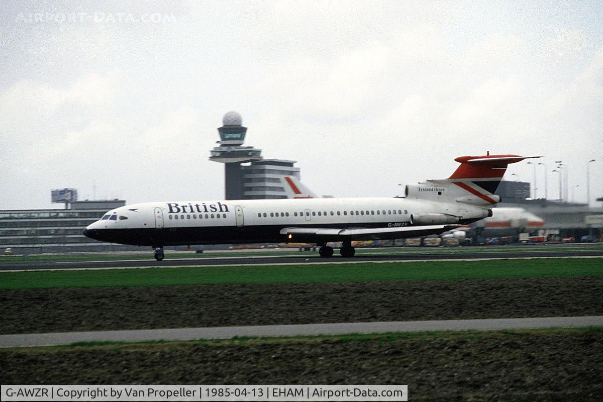 G-AWZR, 1971 Hawker Siddeley HS-121 Trident 3B-101 C/N 2318, British Airways Hawker Siddeley Trident 3B taking off from Schiphol airport, the netherlands, 1985