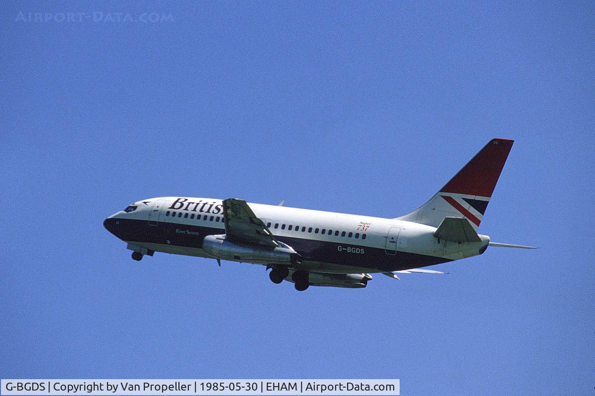 G-BGDS, 1980 Boeing 737-236 C/N 21806, British Airways Boeing 737-236 taking off from Schiphol airport, the Netherlands, 1985