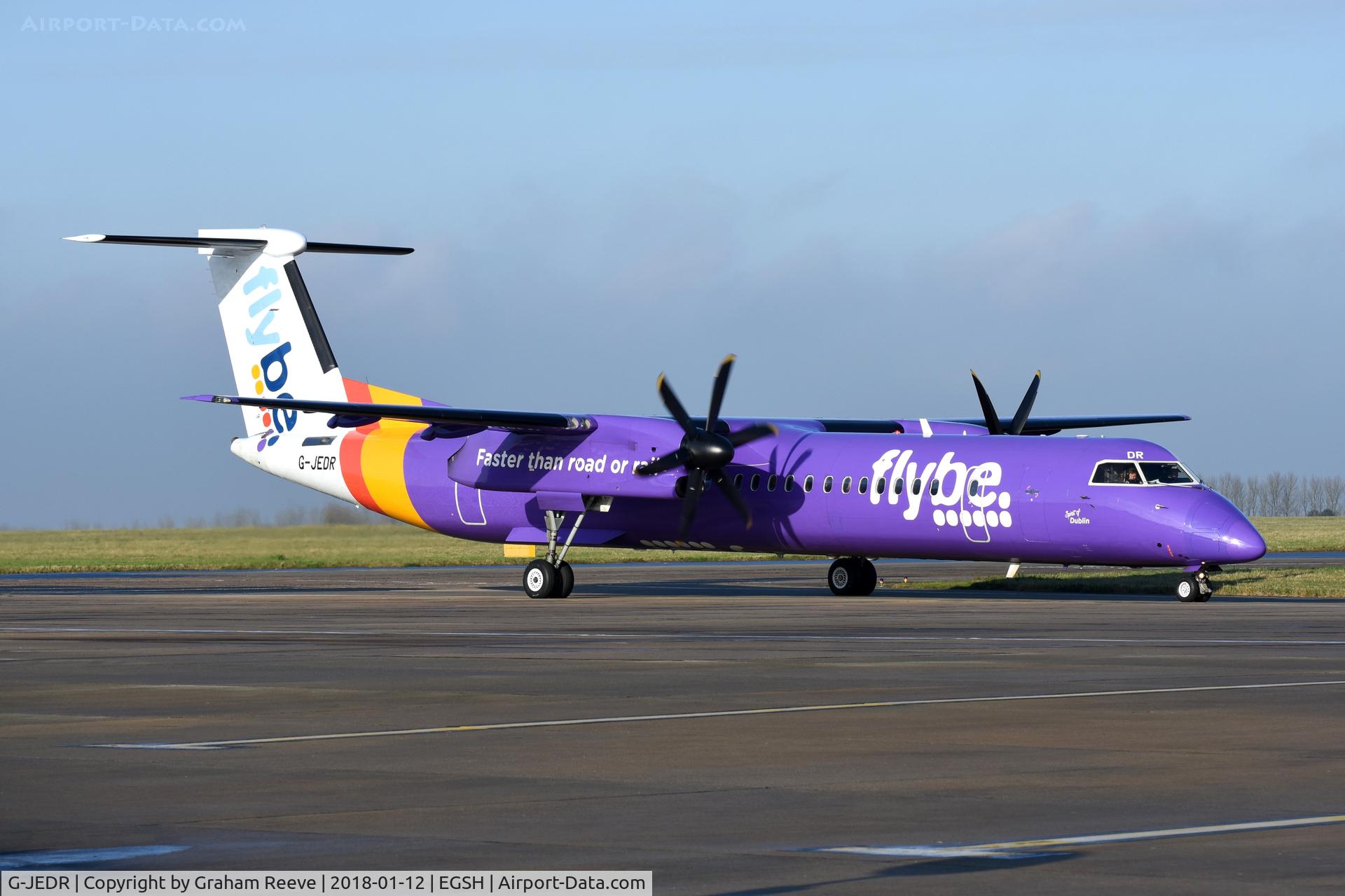 G-JEDR, 2003 De Havilland Canada DHC-8-402Q Dash 8 C/N 4087, Departing from Norwich.