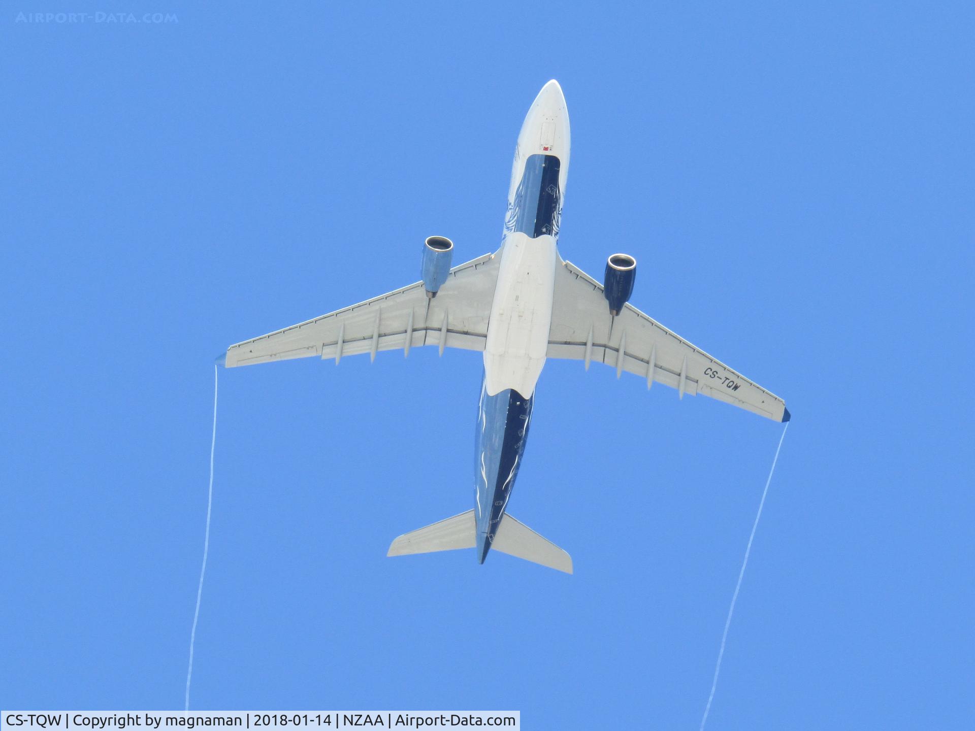 CS-TQW, 1999 Airbus A330-223 C/N 262, one of two leased aircraft to help air NZ with dreamliner engine problems (9H-FOX is other). Overhead Manukau just after departure from AKL.