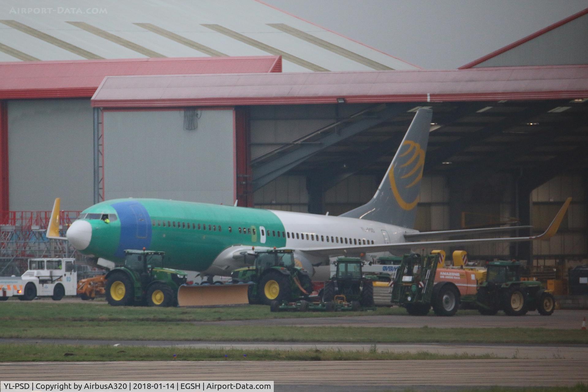 YL-PSD, 2000 Boeing 737-86N C/N 28618, After many months of having new skin fitted she emerged from KLM hangars at Norwich today