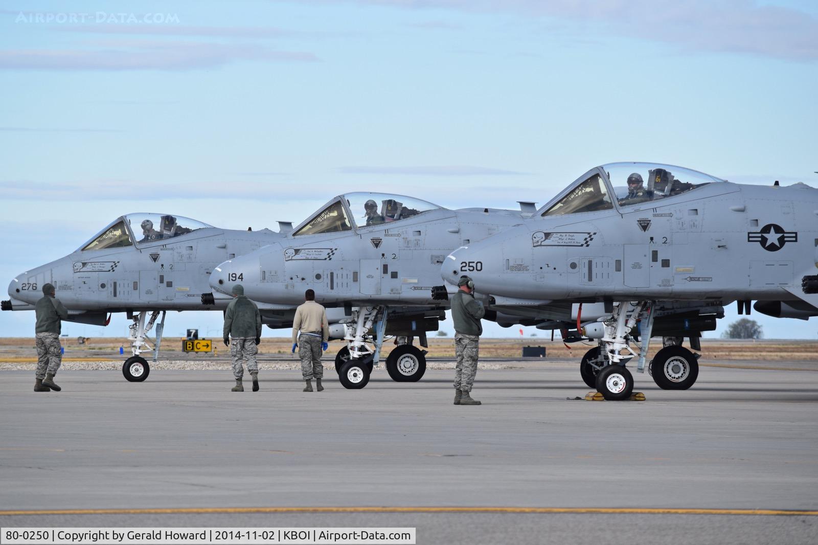 80-0250, 1980 Fairchild Republic A-10C Thunderbolt II C/N A10-0600, On the arm / de arm pad for final pre flight checks with 79-0194 & 80-0276. 190th Fighter Sq., 124th Fighter Wing, Idaho ANG.