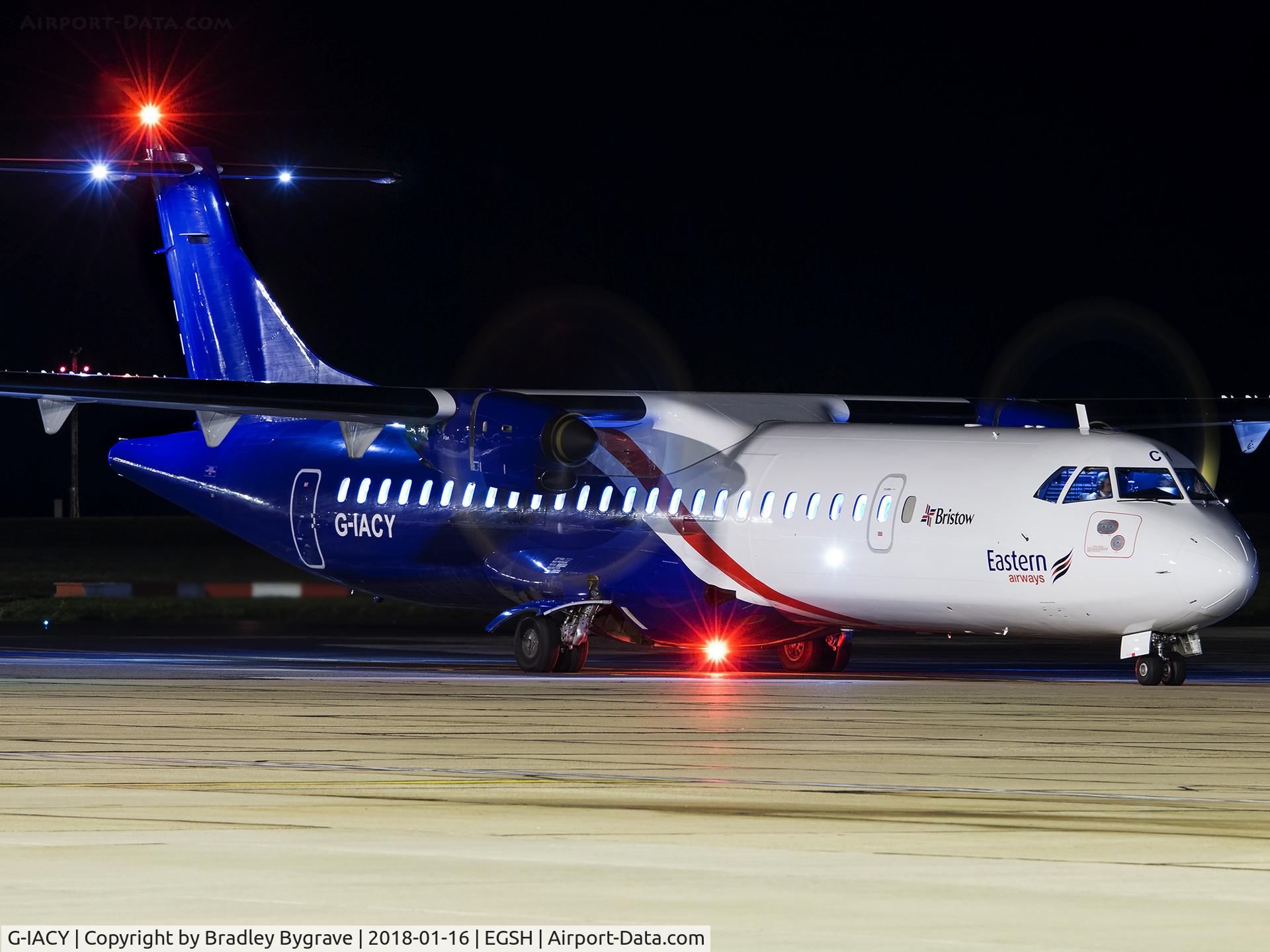 G-IACY, 2017 ATR 72-212 C/N 1448, Departing Norwich at night. Taken correctly with a tripod and long exposure, not a pointless handheld blur