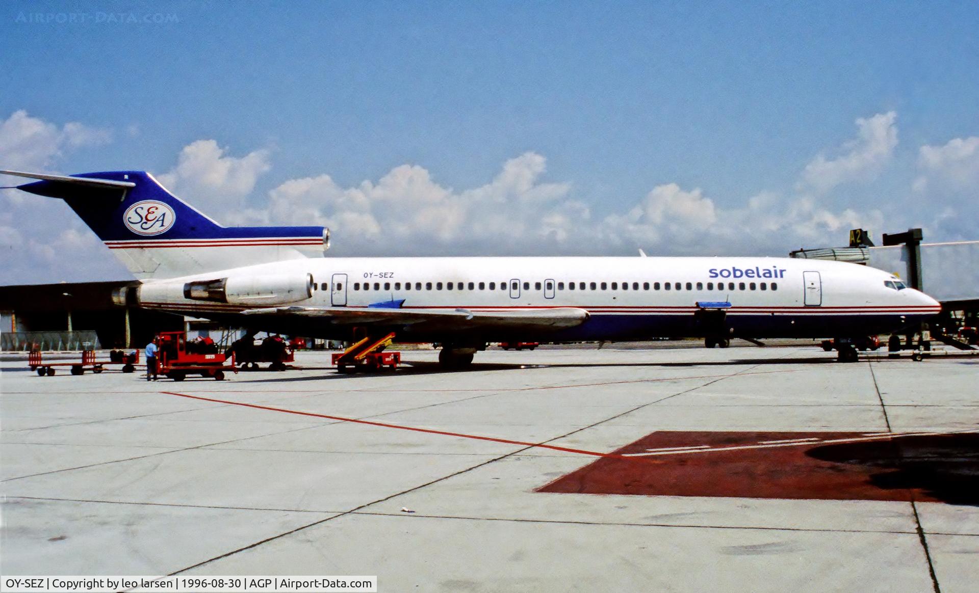 OY-SEZ, 1976 Boeing 727-2M7 C/N 21202, Malaga 30.8.1996 duing lease to Sobelair Belgium.