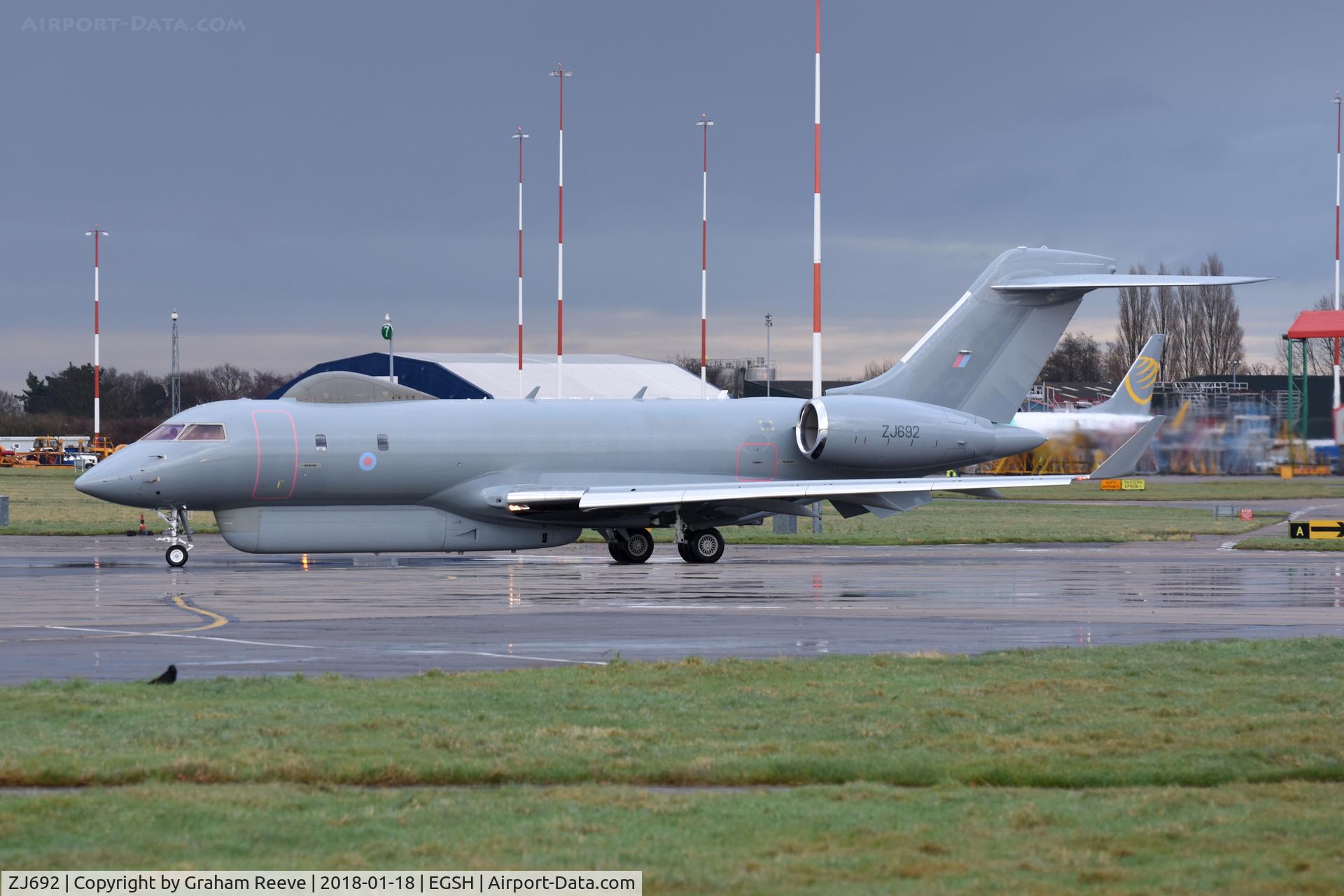 ZJ692, 2008 Bombardier BD-700-1A10 Sentinel R1 C/N 9131, Departing from Norwich.