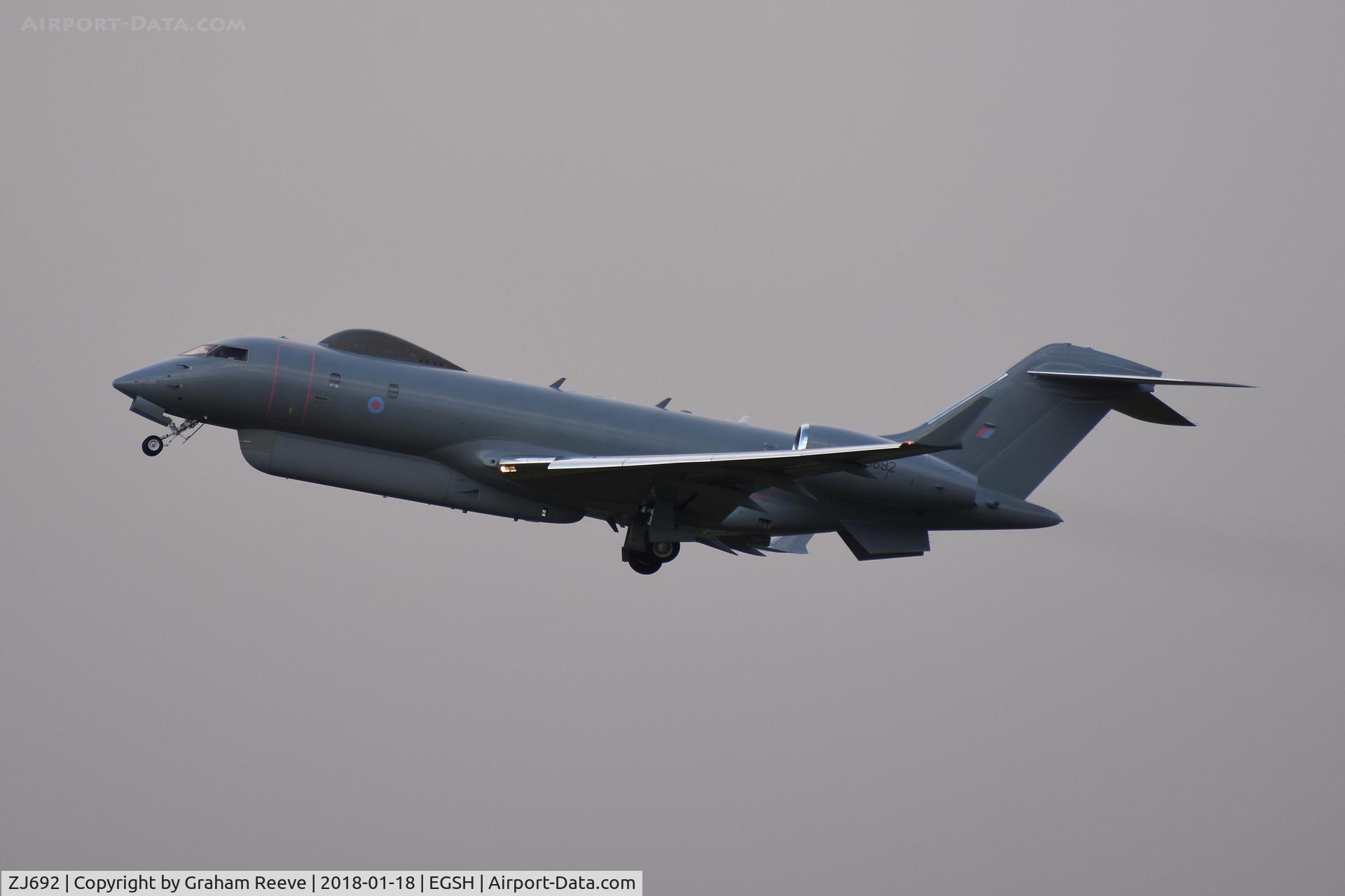 ZJ692, 2008 Bombardier BD-700-1A10 Sentinel R1 C/N 9131, Departing from Norwich.