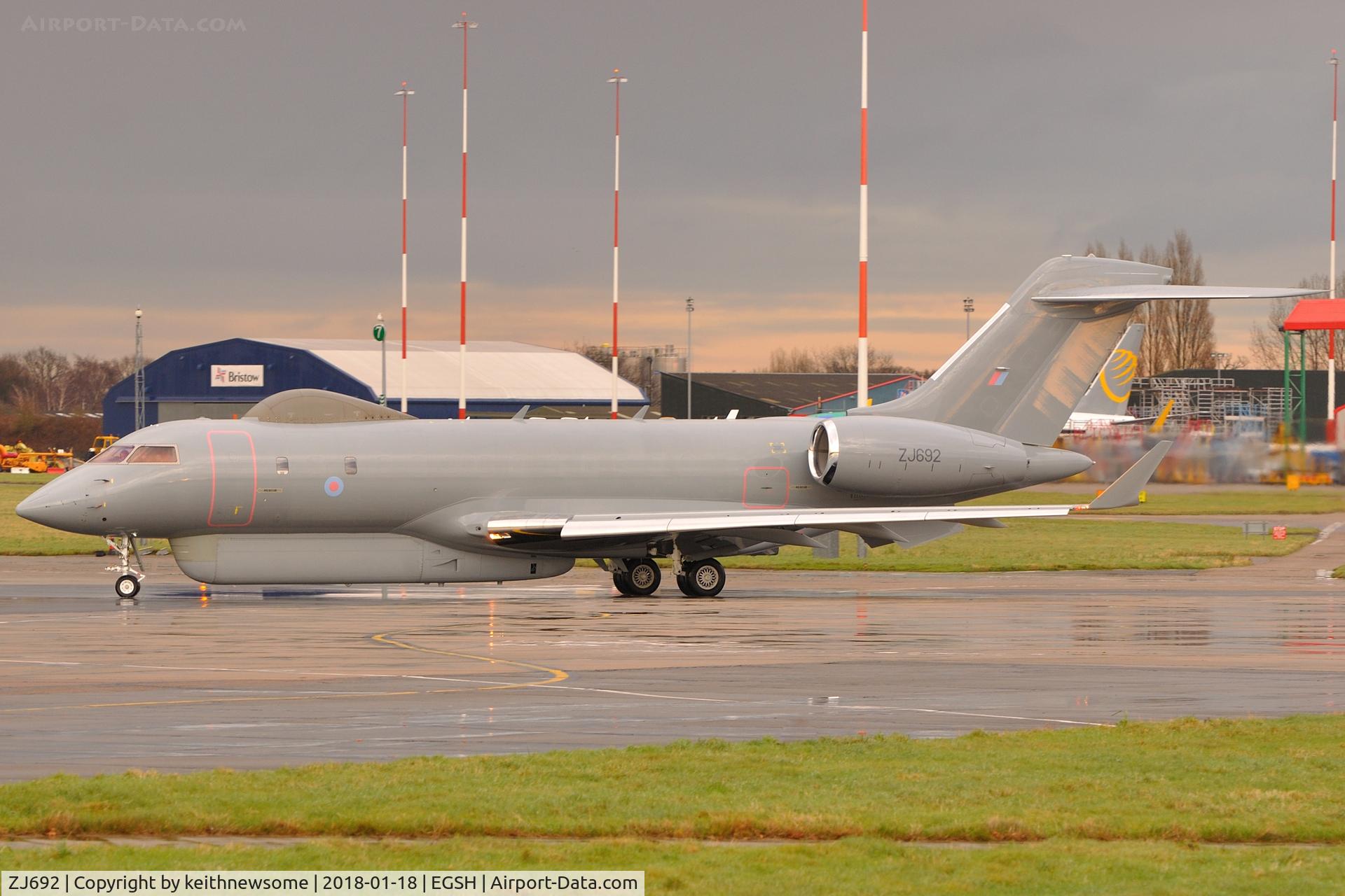 ZJ692, 2008 Bombardier BD-700-1A10 Sentinel R1 C/N 9131, Leaving Norwich following paintwork.