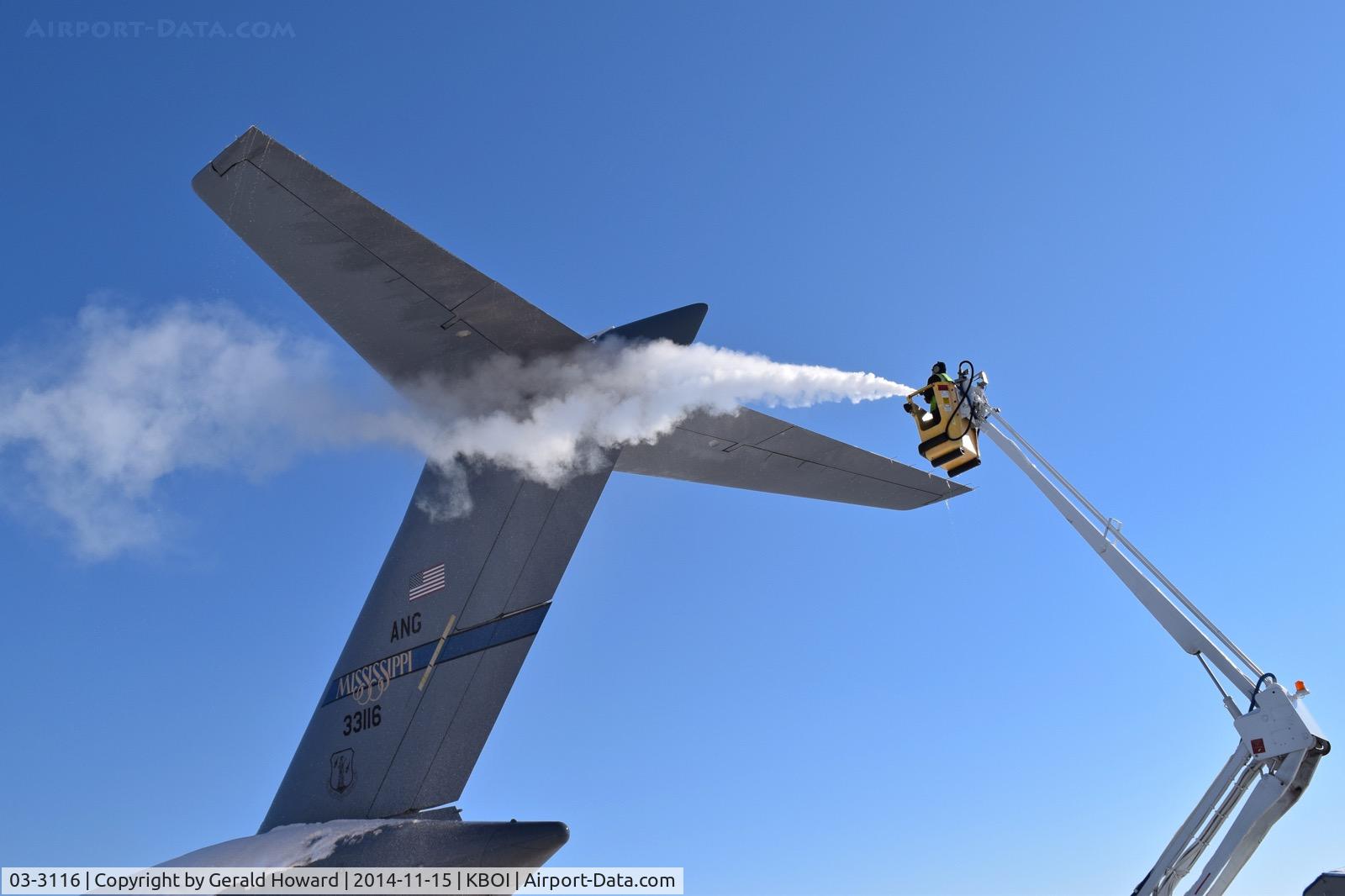 03-3116, 2004 Boeing C-17A Globemaster III C/N F-123, De icing attempt for the tail. 172nd Airlift Wing, MS ANG. Thompson ANGB Field, Jackson, MS.