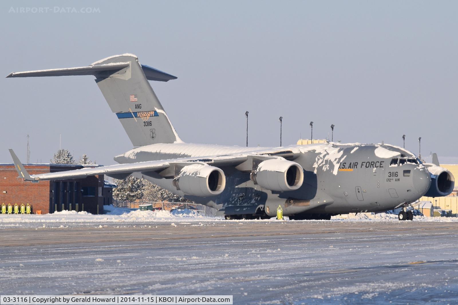 03-3116, 2004 Boeing C-17A Globemaster III C/N F-123, Parked on the Idaho ANG ramp. 172nd Airlift Wing, MS ANG. Thompson ANGB Field, Jackson, MS.
