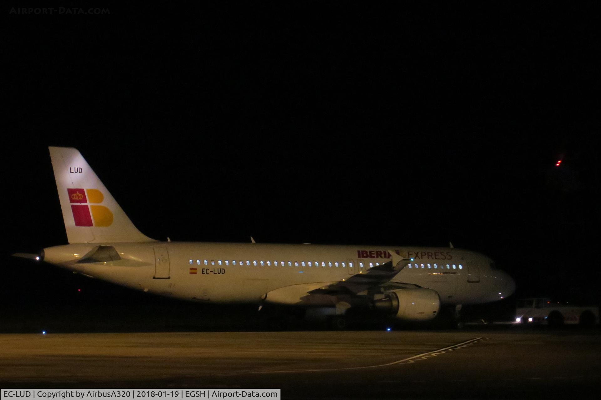 EC-LUD, 1999 Airbus A320-214 C/N 1067, Last pic of LUD in the old Iberia Express livery, just arrived at Norwich and seen being towed to Air Livery hangar for a repaint