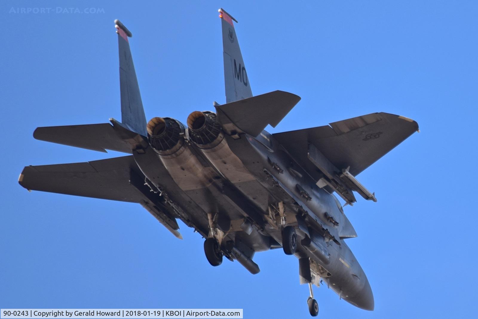 90-0243, 1990 McDonnell Douglas F-15E Strike Eagle C/N 1176/E145, Making practice low approach to RWY 28L. 391st Fighter Sq. 