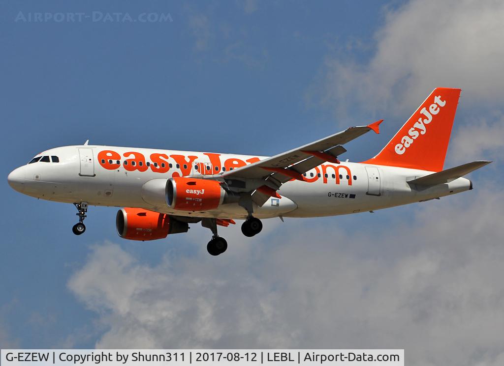 G-EZEW, 2004 Airbus A319-111 C/N 2300, La ding rwy 25R without 'Come on, Let's fly' titles