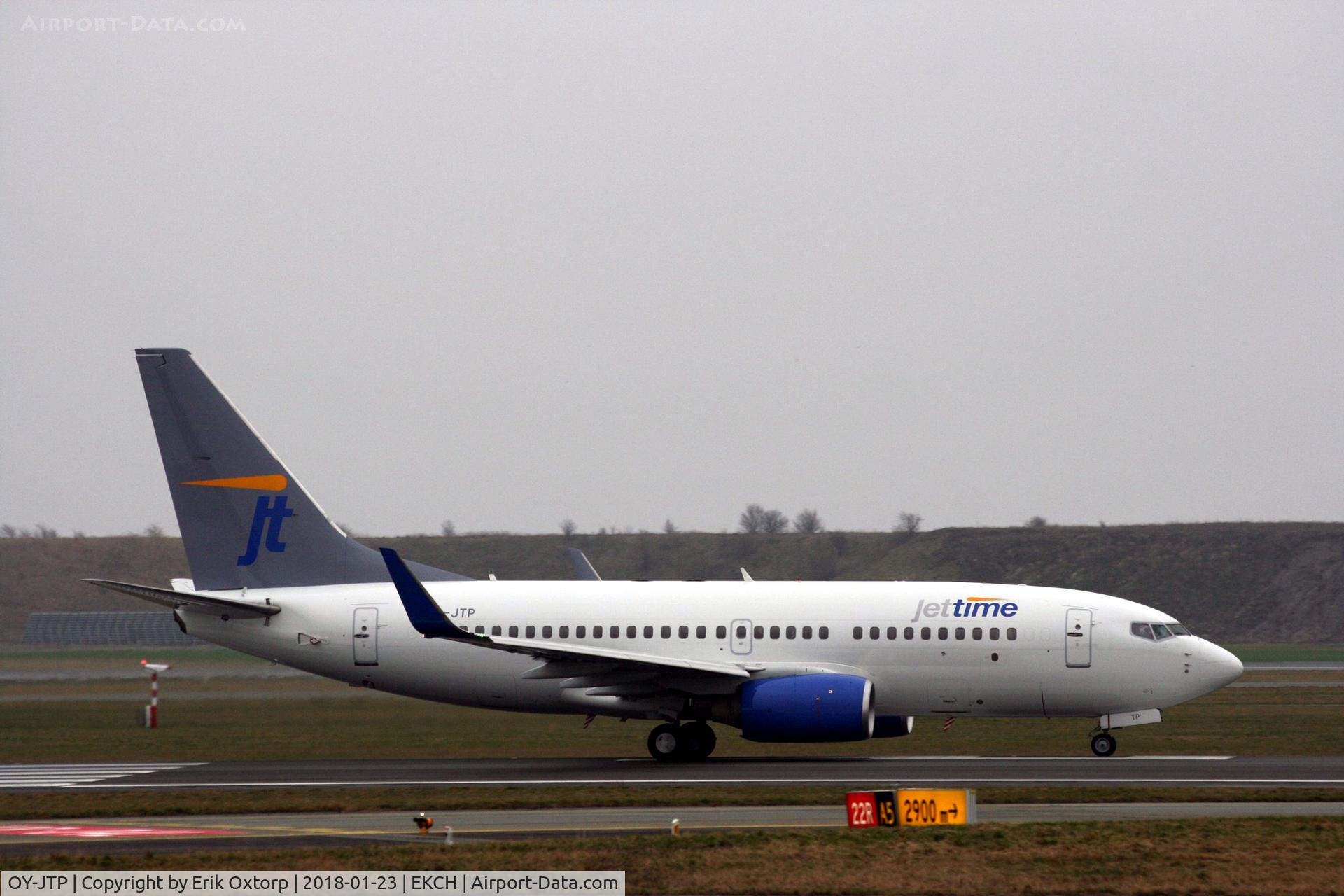 OY-JTP, 2005 Boeing 737-79L C/N 34022, OY-JTP in new Jettime c/s departing rw 22R for a flight on behalf of Air Greenland to SFJ