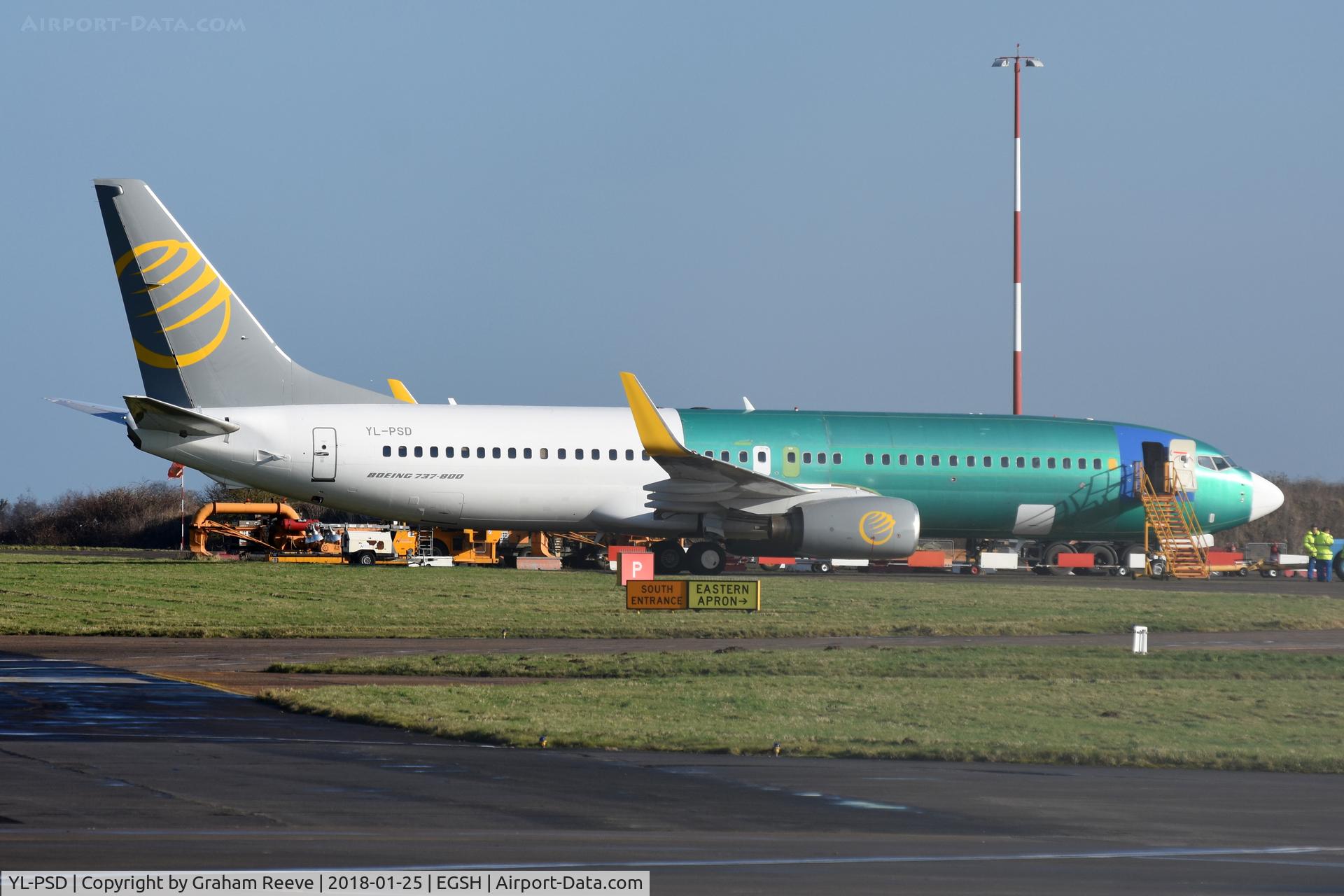 YL-PSD, 2000 Boeing 737-86N C/N 28618, Parked at Norwich.