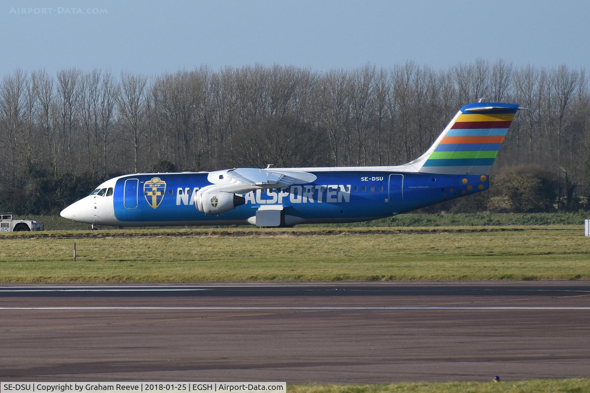 SE-DSU, 1994 British Aerospace Avro 146-RJ100 C/N E3248, Under tow at Norwich.
