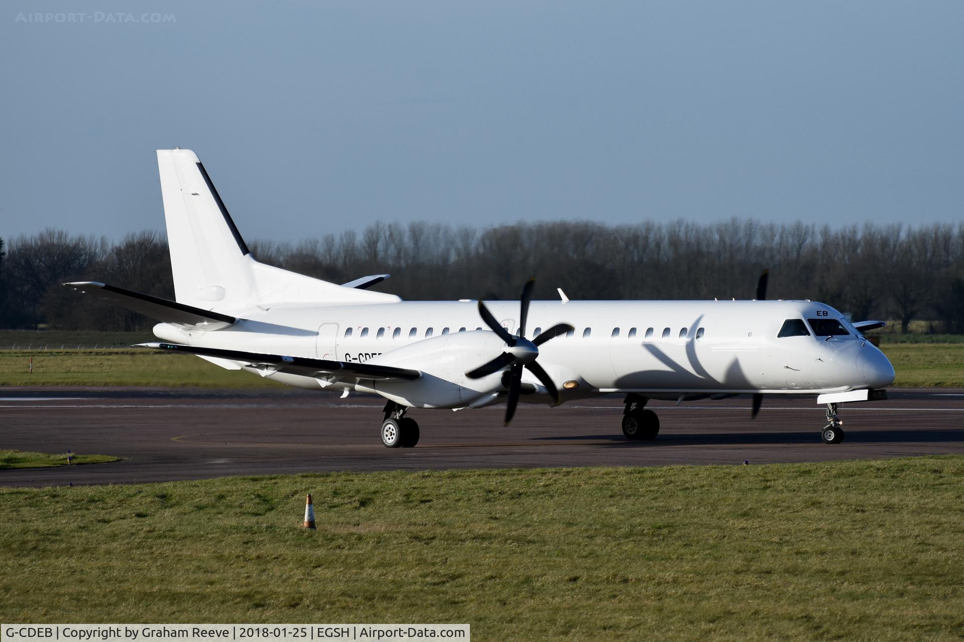 G-CDEB, 1996 Saab 2000 C/N 2000-036, About to depart from Norwich.