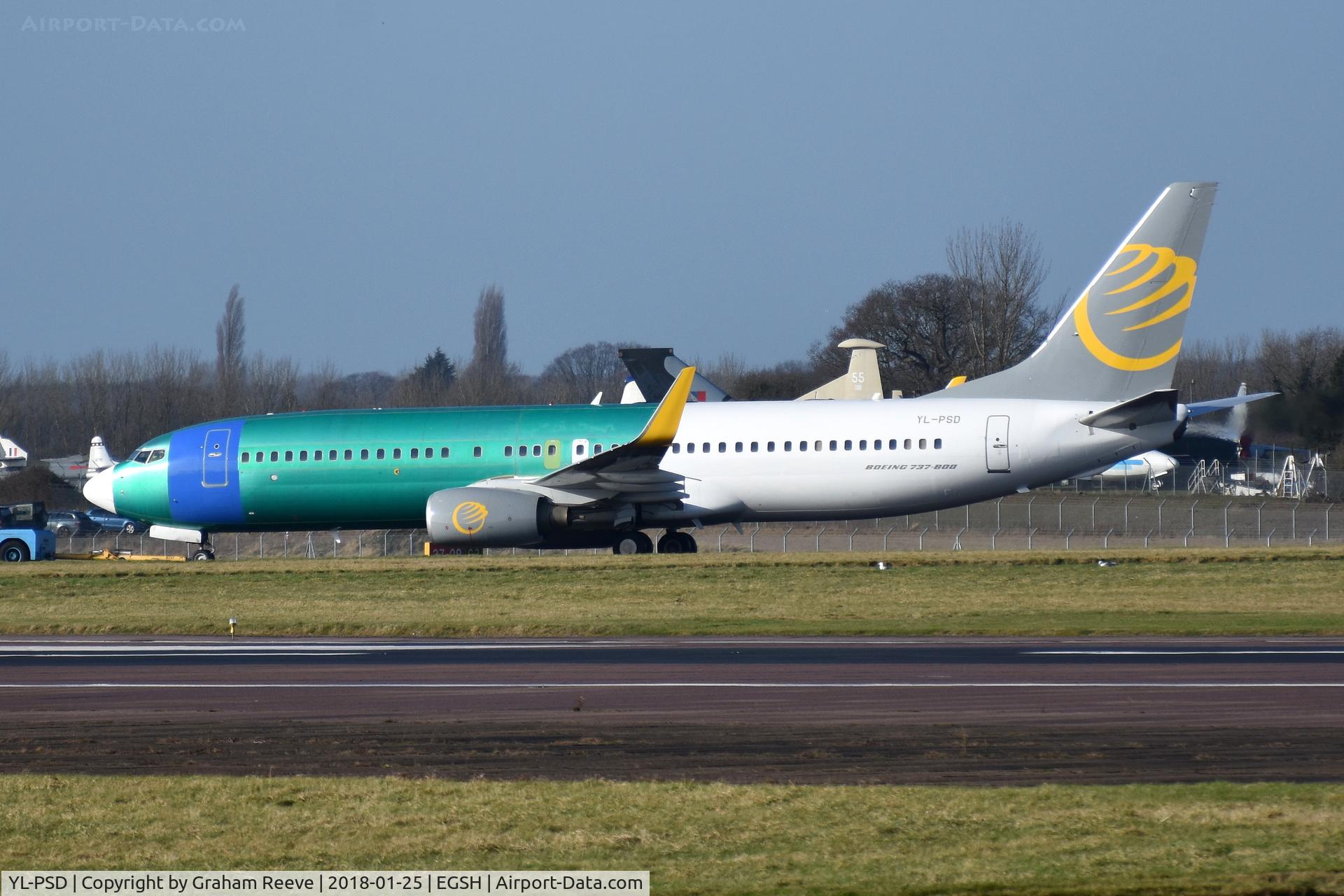 YL-PSD, 2000 Boeing 737-86N C/N 28618, Under tow at Norwich.