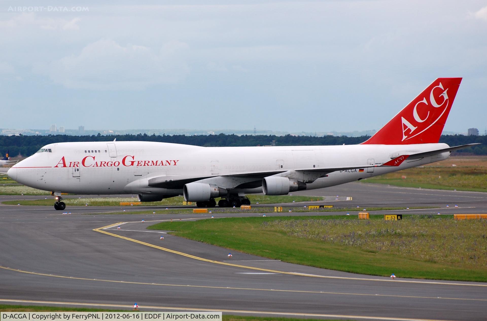 D-ACGA, 1991 Boeing 747-409SF C/N 24311, Air Cargo Germany B744F taxying to the cargo terminal.