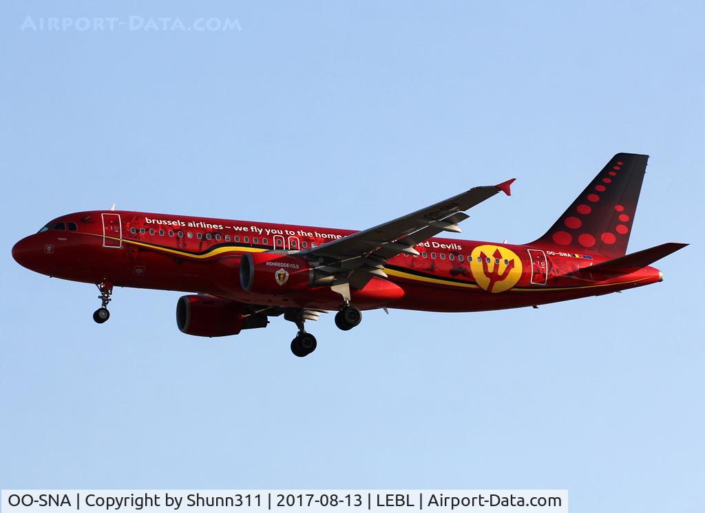 OO-SNA, 2001 Airbus A320-214 C/N 1441, Landing rwy 25R in Red Devils c/s