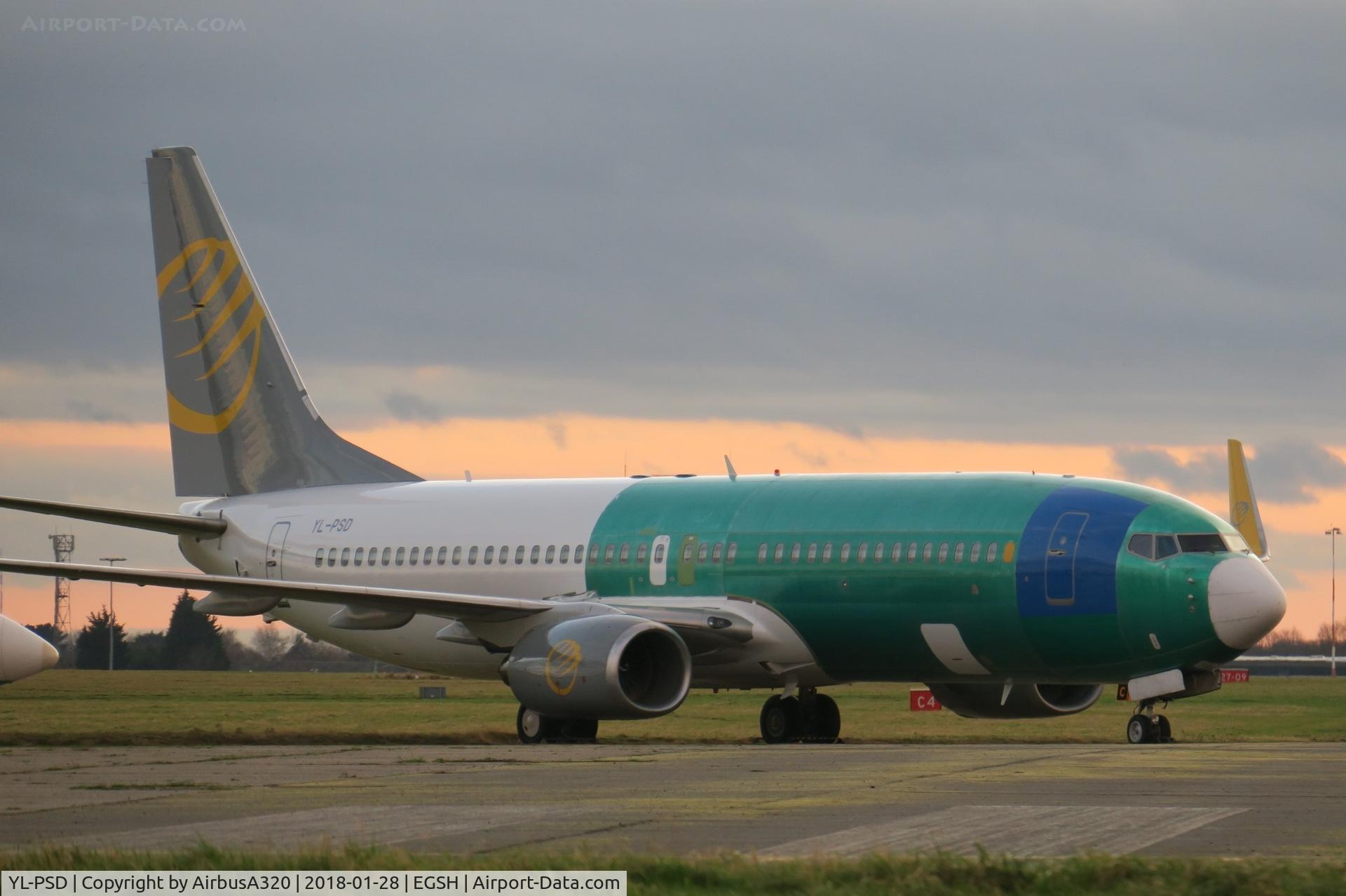 YL-PSD, 2000 Boeing 737-86N C/N 28618, Seen parked North side at Norwich
