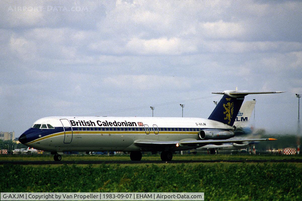 G-AXJM, 1970 BAC 111-501EX One-Eleven C/N BAC.214, British Caledonian Airways BAC One-Eleven 501EX taking off from Schiphol airport, the Netherlands, 1983