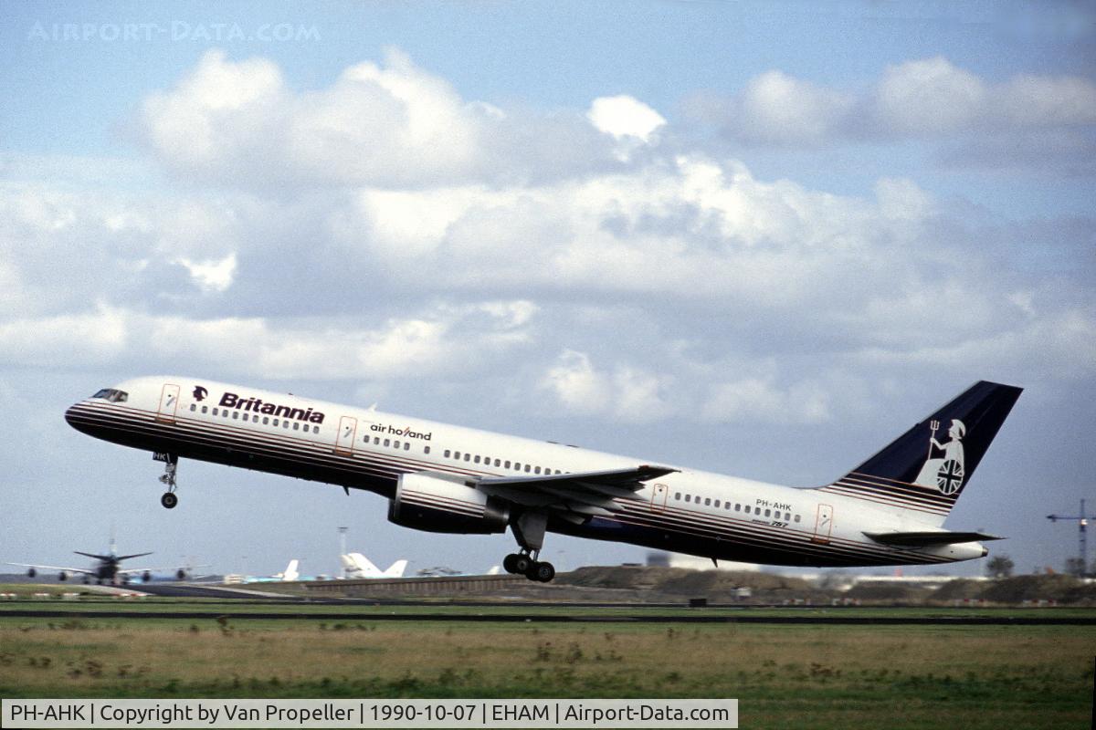 PH-AHK, 1989 Boeing 757-23A C/N 24291, Air Holland Boeing 757-23A, at the time leased to Britannia Airways, taking off from Schiphol airport, the Netherlands, 1990