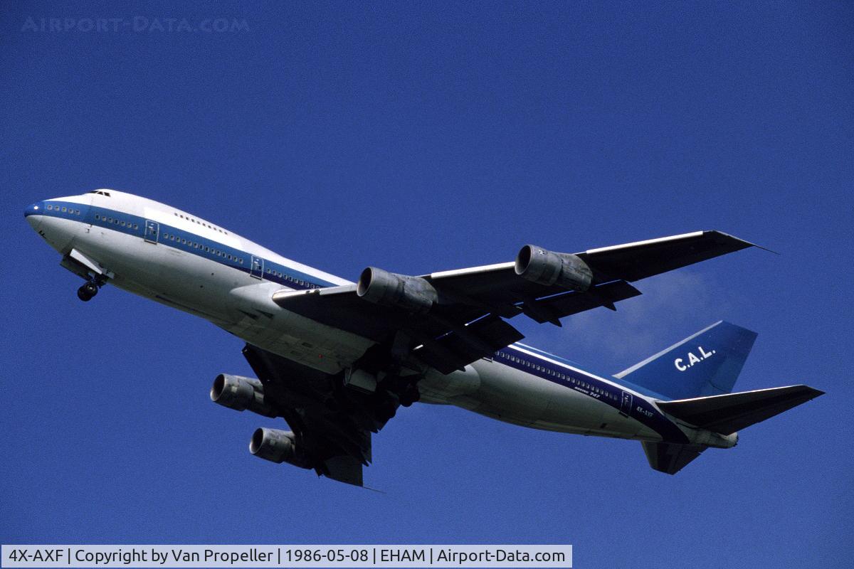 4X-AXF, 1978 Boeing 747-258C C/N 21594, CAL (Cargo Air Lines) Boeing 747-258C freighter taking off from Schiphol airport, the Netherlands, 1986