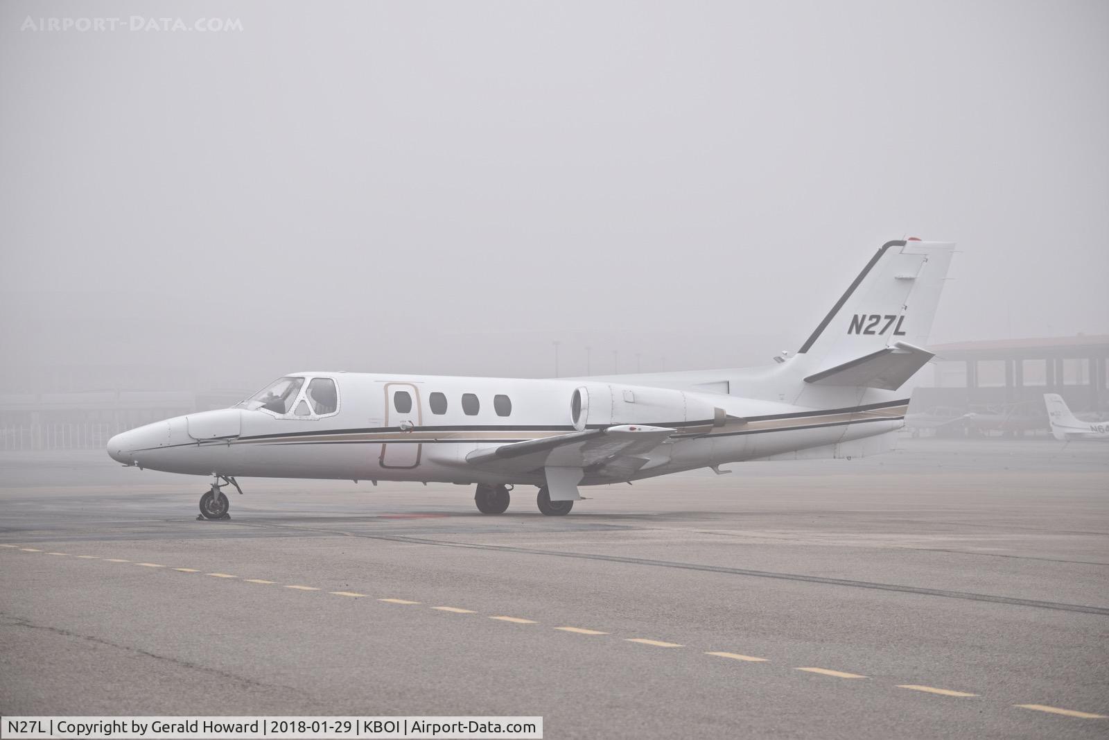 N27L, 1972 Cessna 500 Citation C/N 500-0038, Parked on foggy morning on the north GA ramp.