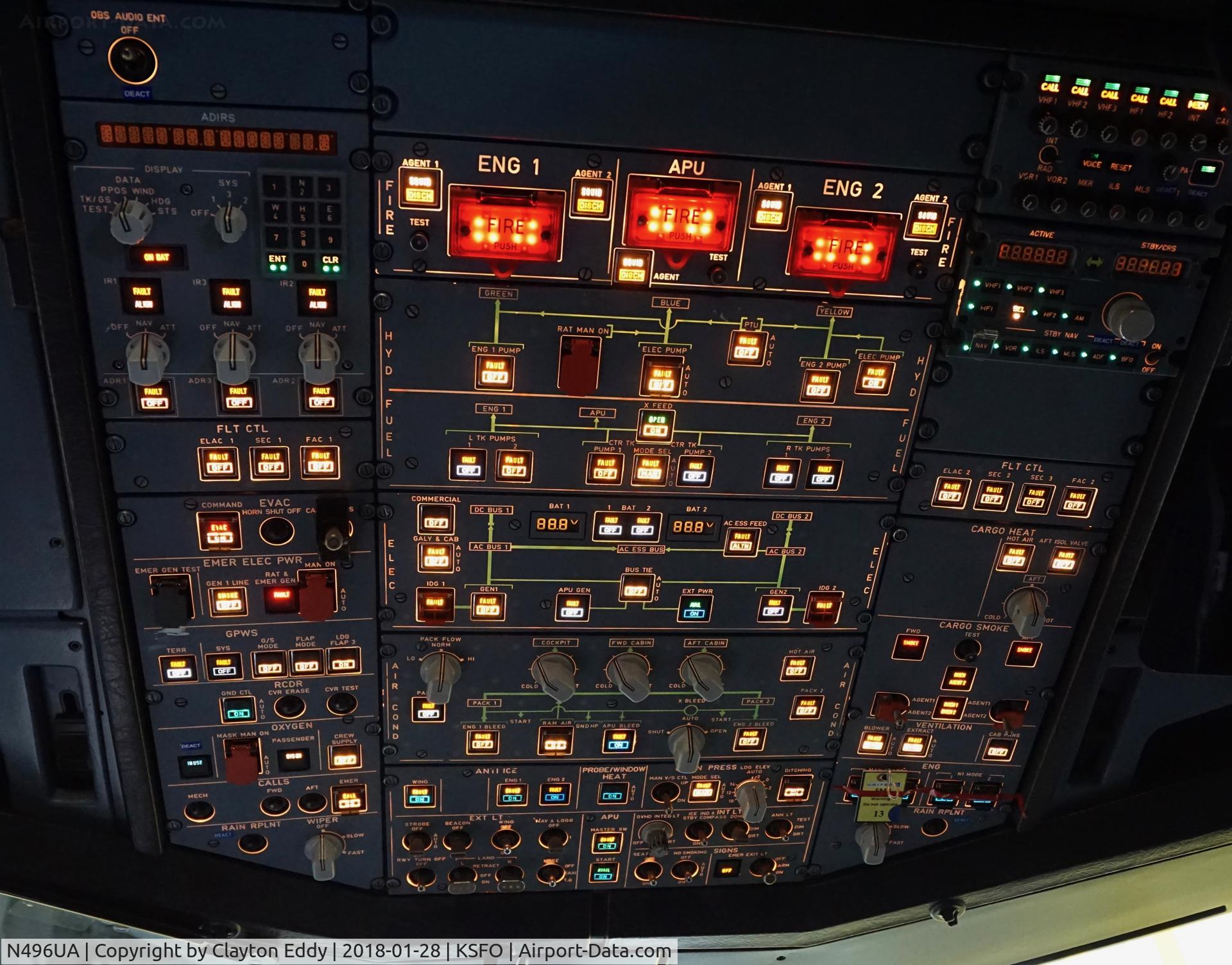 N496UA, 2002 Airbus A320-232 C/N 1845, Overhead panel. SFO. 2018.