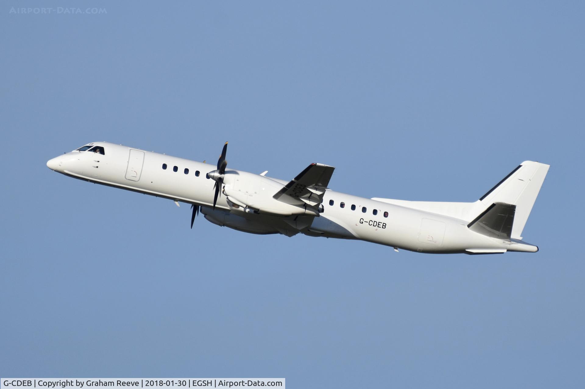 G-CDEB, 1996 Saab 2000 C/N 2000-036, Departing from Norwich.