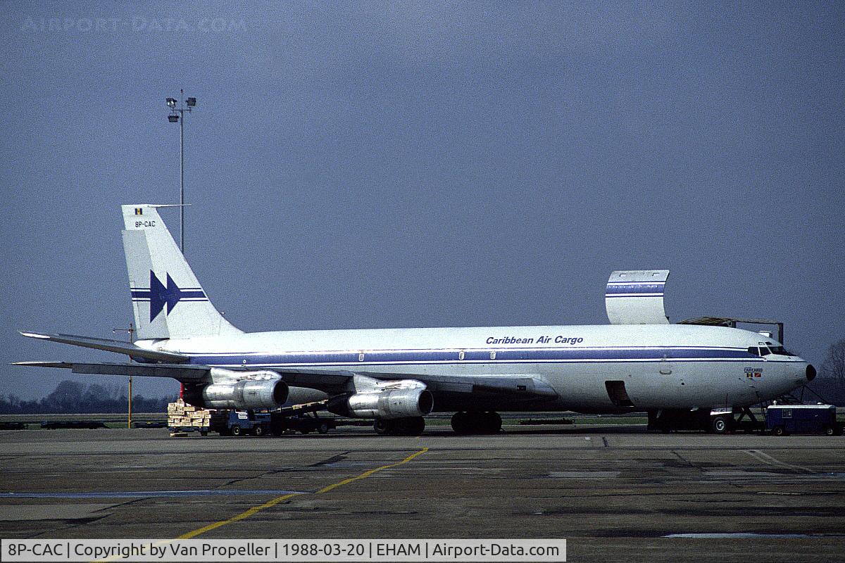 8P-CAC, Boeing 707-351C C/N 19412, Caribbean Air Cargo Boeing 707-351C on the platform of Schiphol-Oost, the Netherlands, 1988