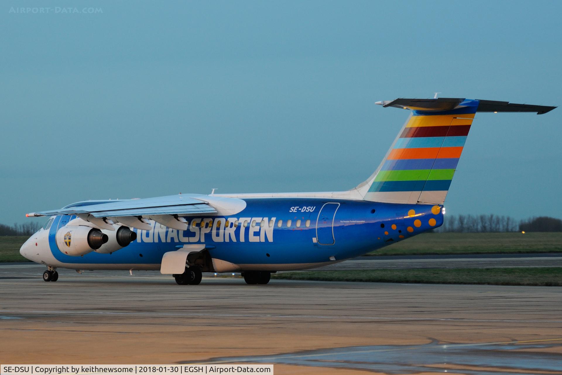 SE-DSU, 1994 British Aerospace Avro 146-RJ100 C/N E3248, Attempting to leave Norwich but returns to stand.