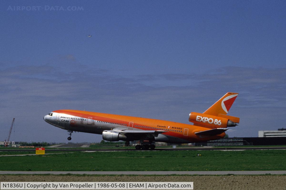 N1836U, 1972 Douglas DC-10-10 C/N 47968, CP Air DC-10-10 rotating for take off from Schiphol airport, the Netherlands, 1986
