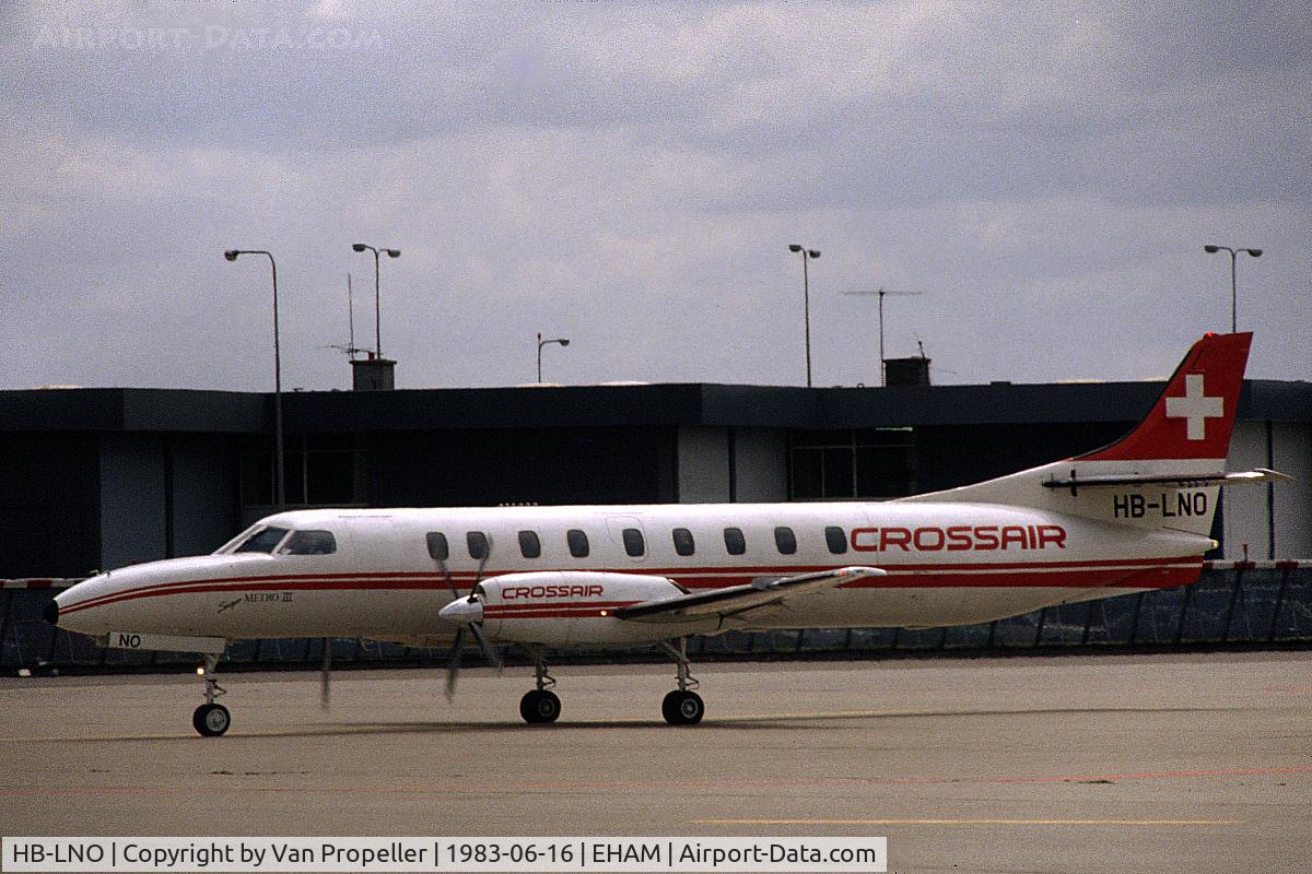 HB-LNO, 1982 Swearingen SA-226AC Metro III C/N AC-537, Crossair Swearingen SA227AC Metro III taxiing at Schiphol airport, the Netherlands, 1983