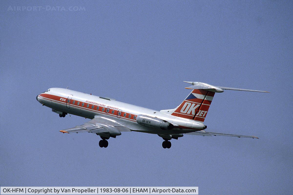 OK-HFM, 1977 Tupolev Tu-134A C/N 7360142, CSA Tupolev Tu-134A taking off from Schiphol airport, the Netherlands, 1983