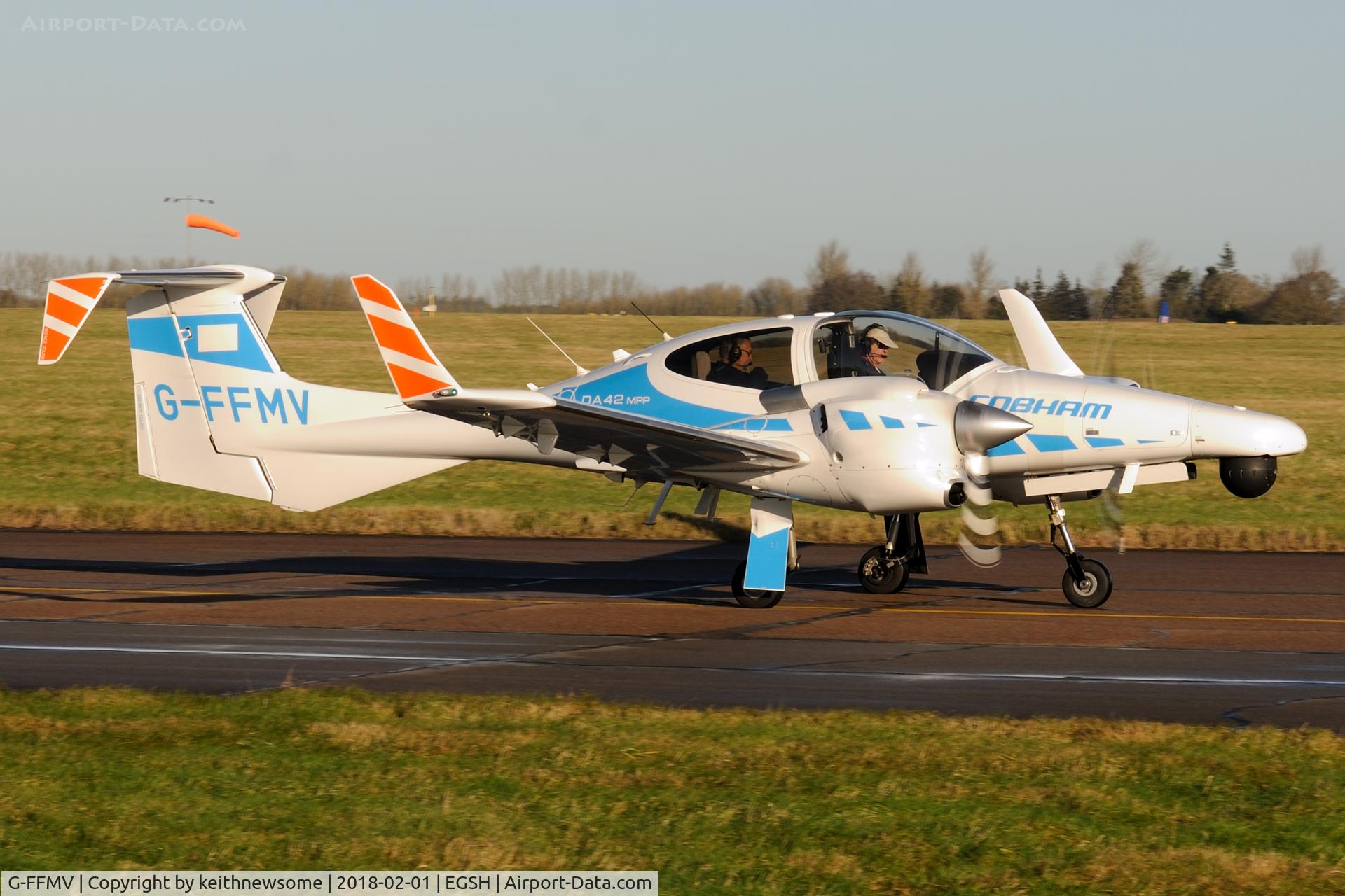 G-FFMV, 2013 Diamond DA-42NG Twin Star C/N 42.MN029, Leaving Norwich following overnight stop.