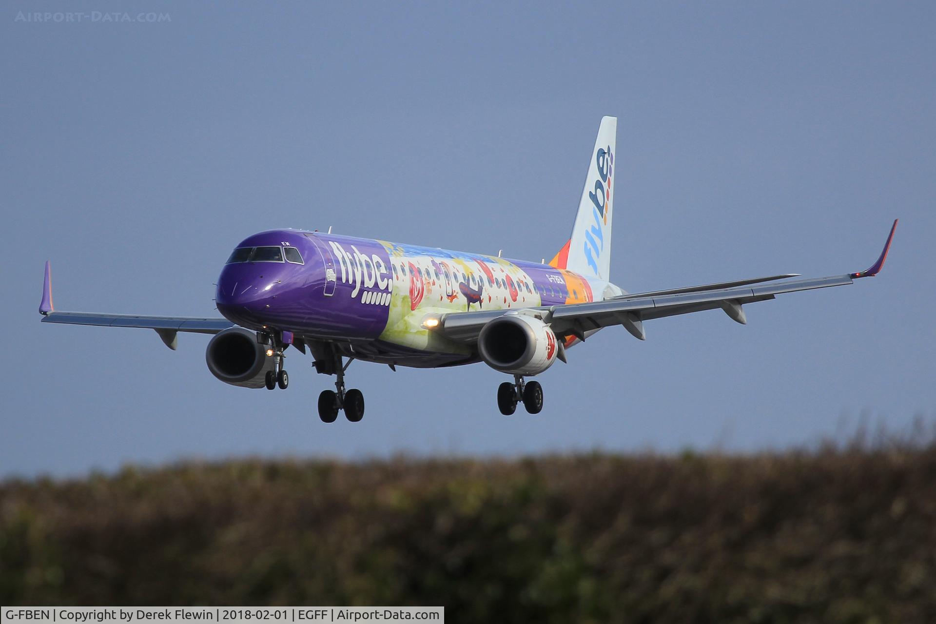 G-FBEN, 2008 Embraer 195LR (ERJ-190-200LR) C/N 19000213, Embraer 195LR, Flybe, callsign Jersey 317K, seen landing on runway 30 out of Faro.