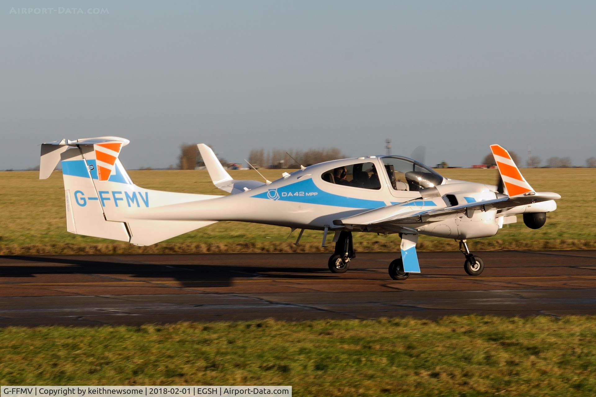 G-FFMV, 2013 Diamond DA-42NG Twin Star C/N 42.MN029, Leaving Norwich following overnight stop.
