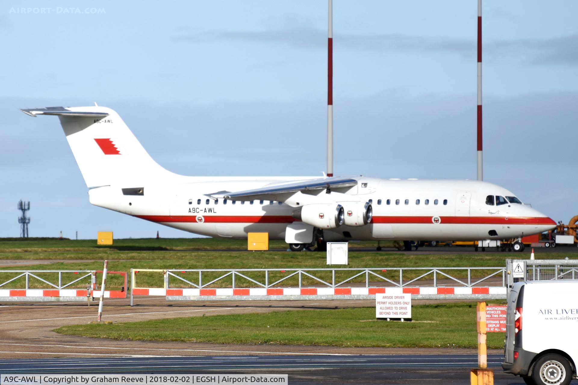 A9C-AWL, 2001 British Aerospace Avro 146-RJ100 C/N E3386, Parked at Norwich.