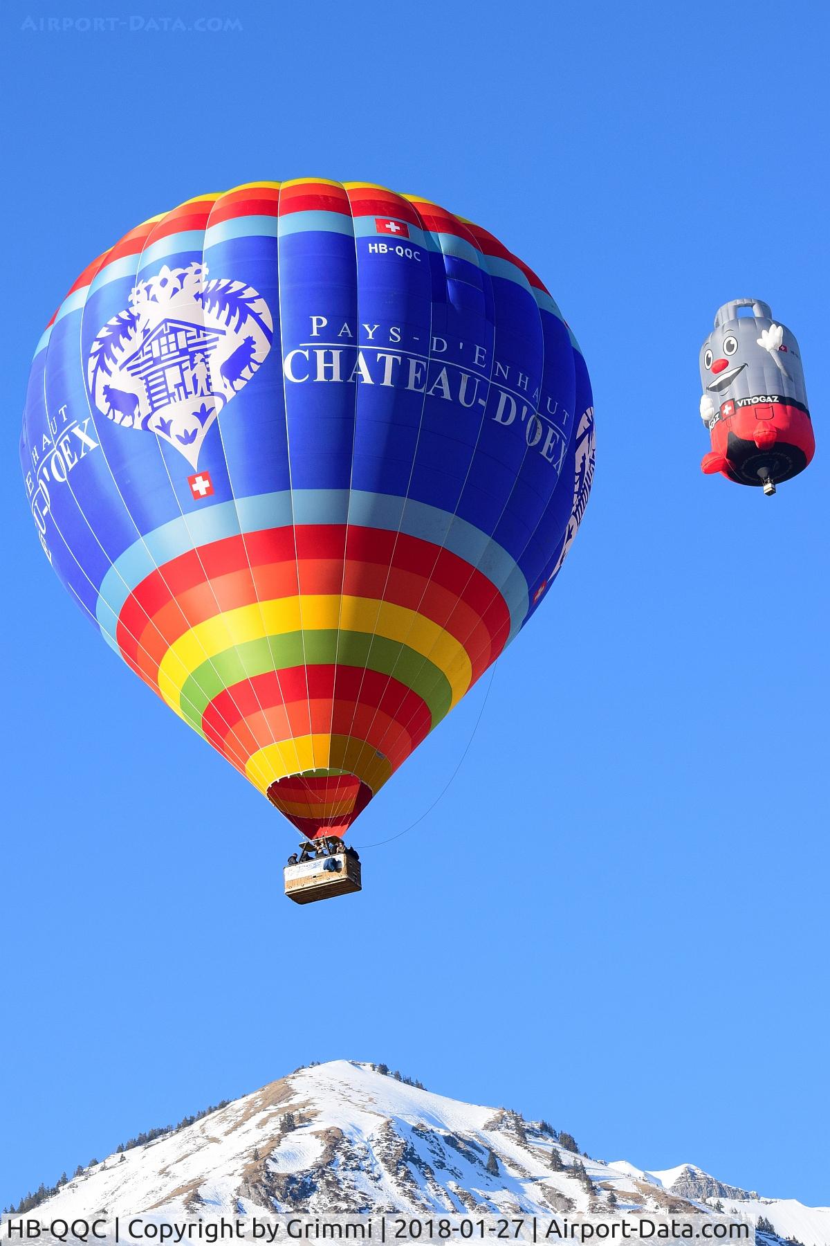HB-QQC, 2017 Cameron Balloons Z-315 C/N 12005, One of the balloons wearing the colours of the Festival International de Ballons in Château-d'Oex, celebrating the 40th Birthday in 2018