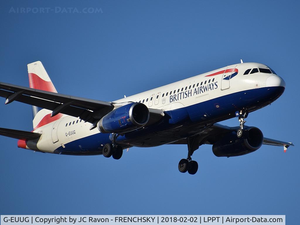 G-EUUG, 2002 Airbus A320-232 C/N 1829, BA500 from London LHR landing runway 03